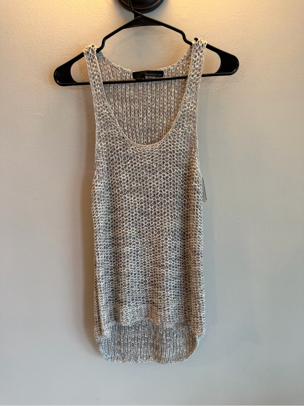 360Sweater 360Cashmere Women Small Open Knit Tank Top High Low Hem Grey Cream